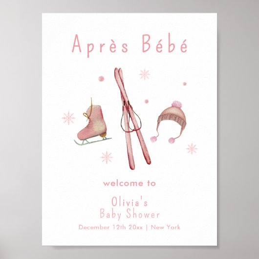 Pink Winter Après Bébé Ski Baby Shower Welcome Poster (Voorkant)