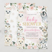 Pink Winter Arctic Animals Baby shower Kaart (Voorkant / Achterkant)