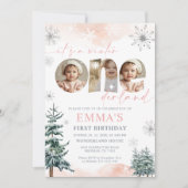 Pink Winter Onederland Girl Bday Photo Invitation Kaart (Voorkant)