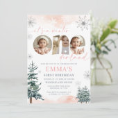 Pink Winter Onederland Girl Bday Photo Invitation Kaart (Staand voorkant)