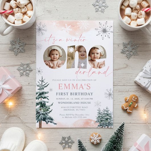 Pink Winter Onederland Girl Bday Photo Invitation Kaart