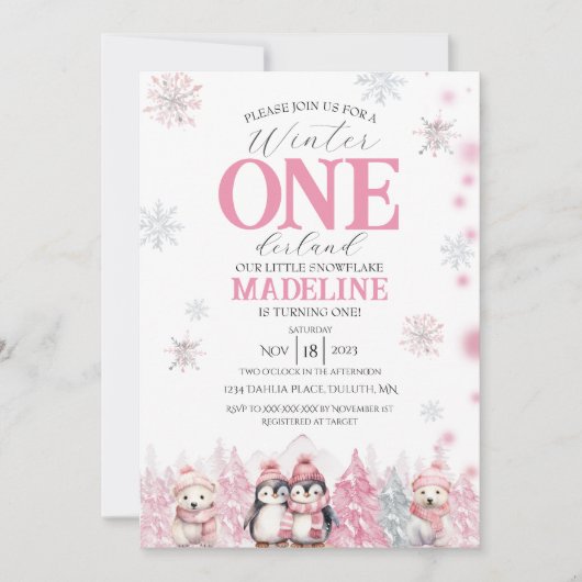 Pink Winter ONEderland Invitation (Devant)