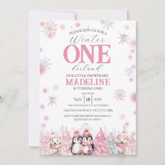 Pink Winter ONEderland Invitation (Devant)