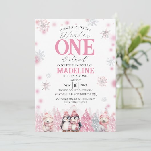 Pink Winter ONEderland Invitation (Debout devant)