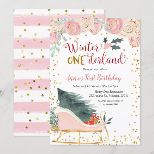 Pink Winter Onederland Sleigh invitation anniversa