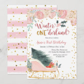 Pink Winter Onederland Sleigh verjaardagsuitnodigi Kaart (Voorkant / Achterkant)