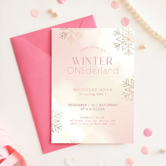 Pink Winter Onederland Snowflake 1st Birthday Kaart