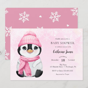 Pink Winter Penguin Baby shower uitnodiging