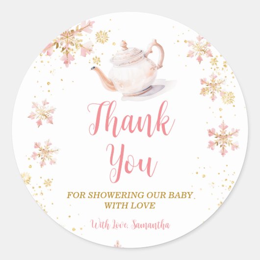 Pink Winter Tea Party Baby Shower Thank You Ronde Sticker (Voorkant)