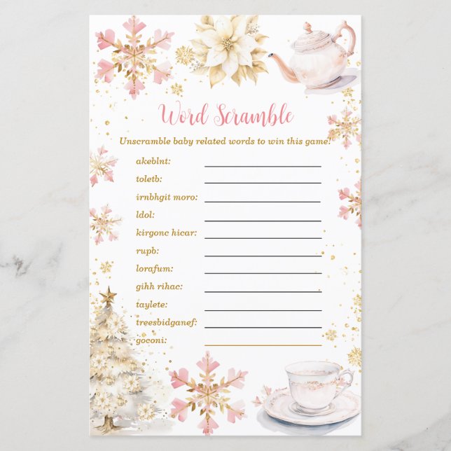 Pink Winter Tea Party Baby Shower Word Scramble (Voorkant)