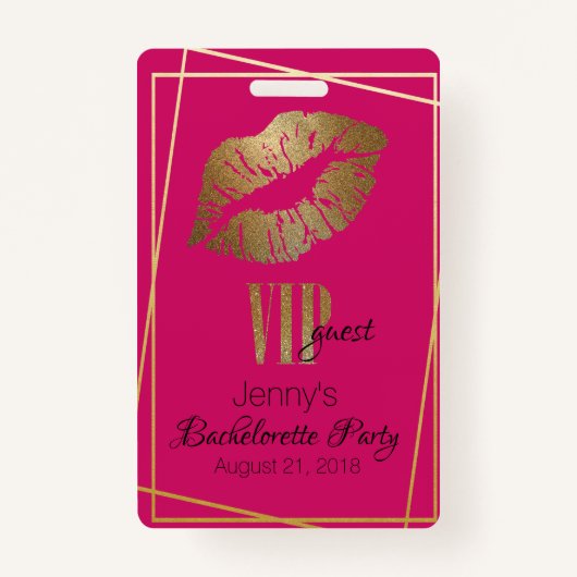 Pink with Gold Lip Print Bachelorette Party Badge (Devant)