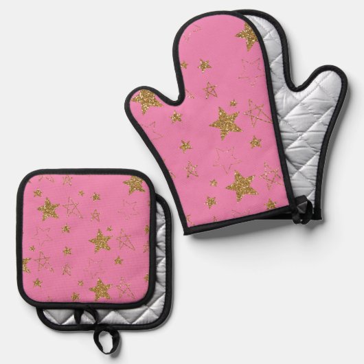 Pink with Gold Stars Ovenwant & Pannenlap Set (Voorkant / Achterkant)