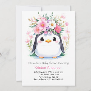 Pink Wonderland Penguin's Joy Girl Baby shower Kaart