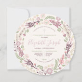 Pink Wreath First Heilige Communie Kaart (Voorkant)