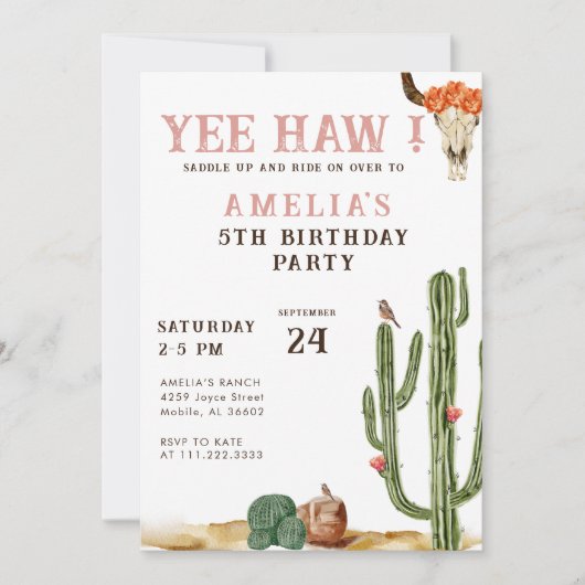 Pink Yee Haw Western Rodeo Cowgirl Verjaardag Kaart (Voorkant)