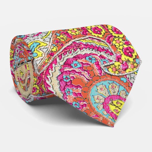 Pink Yellow Aqua  Paisley Wedding Stropdas (Opgerold)