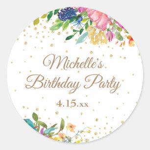 Pink Yellow Blue Floral Birthday Party Ronde Sticker
