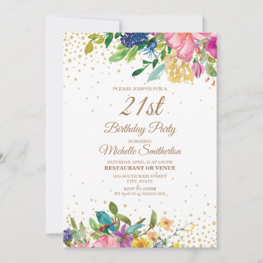 Pink Yellow Blue Floral Gold Glitter 21st Birthday Kaart (Voorkant)