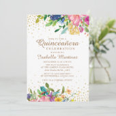 Pink Yellow Blue Floral Gold Glitter Quinceañera Kaart (Staand voorkant)