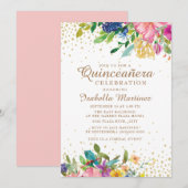 Pink Yellow Blue Floral Gold Glitter Quinceañera Kaart (Voorkant / Achterkant)
