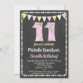 Pink Yellow Chalkboard 11th Birthday Invitation Kaart (Voorkant)