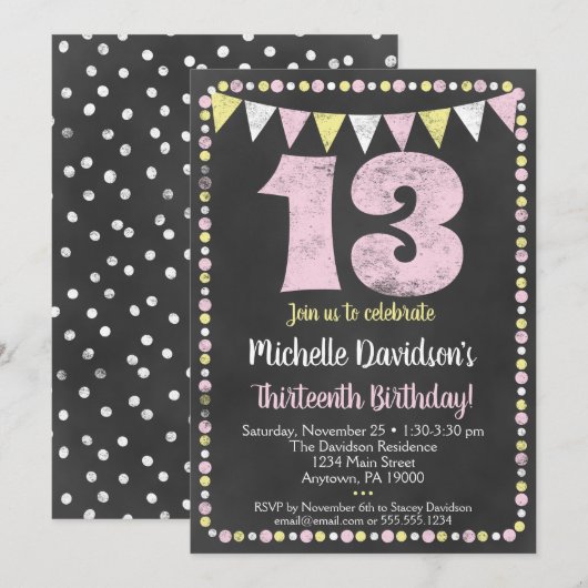 Pink Yellow Chalkboard 13th Birthday Invitation Kaart (Voorkant / Achterkant)