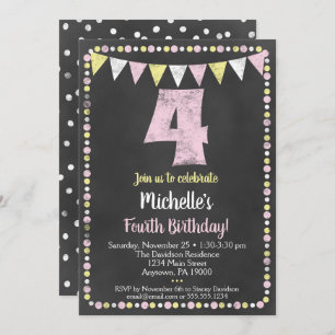 Pink Yellow Chalkboard 4th Birthday Invitation Kaart