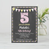 Pink Yellow Chalkboard 5th Birthday Uitnodiging (Staand voorkant)