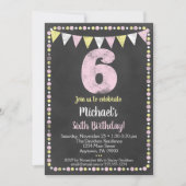 Pink Yellow Chalkboard 6th Birthday Uitnodiging (Voorkant)