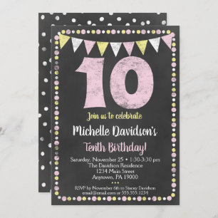Pink Yellow Chalkboard Invitation 10e anniversaire