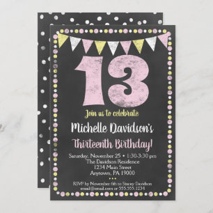 Pink Yellow Chalkboard Invitation 13e anniversaire