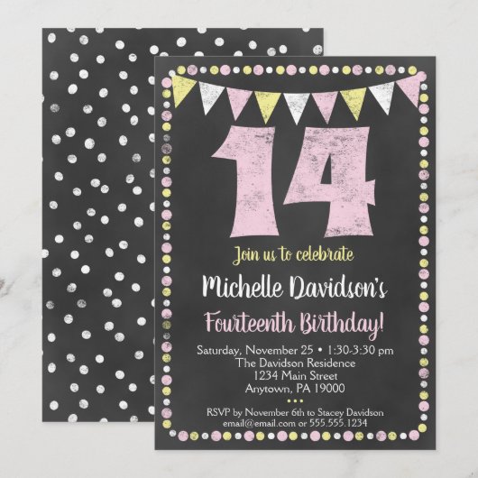 Pink Yellow Chalkboard Invitation 14e anniversaire (Devant / Derrière)