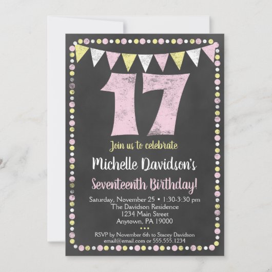 Pink Yellow Chalkboard Invitation 17e anniversaire (Devant)
