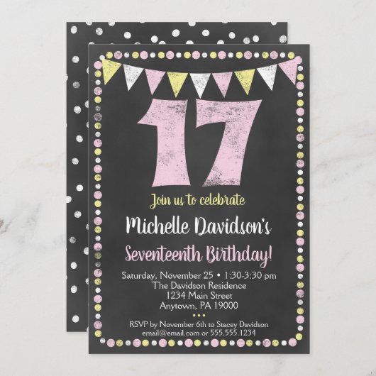 Pink Yellow Chalkboard Invitation 17e anniversaire (Devant / Derrière)