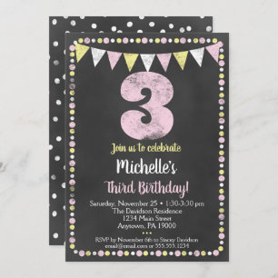 Pink Yellow Chalkboard troisième invitation annive