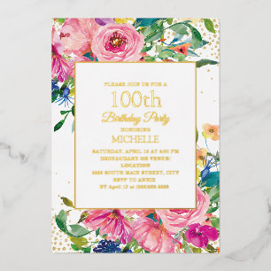 Pink Yellow Floral Gold Glitter 100th Birthday Folie Uitnodiging