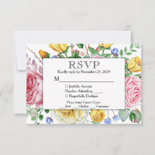 Pink Yellow Floral RSVP Wedding Response w/Meals
