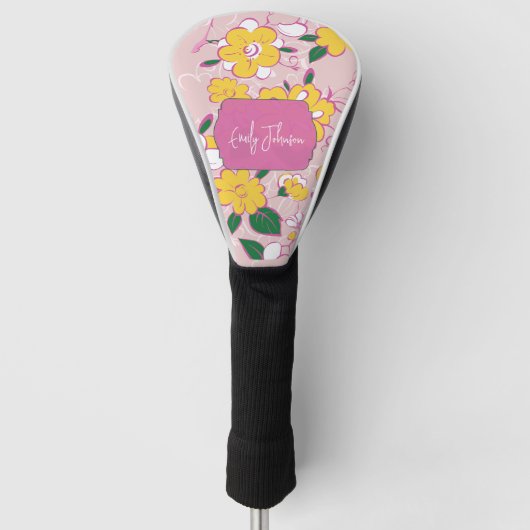 Pink Yellow Floral Whimsical Pattern Custom Name Golfheadcover (Voorkant)