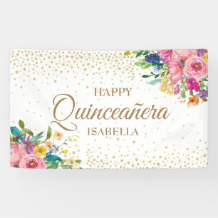 Pink Yellow Flowers Gold Glitter Happy Quinceañera Spandoek