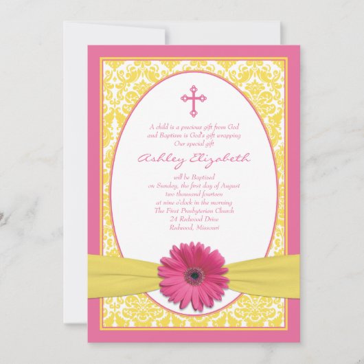 Pink Yellow Gerbera Daisy Baptism Invitation Kaart (Voorkant)