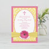 Pink Yellow Gerbera Daisy Baptism Invitation Kaart (Staand voorkant)