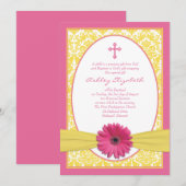 Pink Yellow Gerbera Daisy Baptism Invitation Kaart (Voorkant / Achterkant)