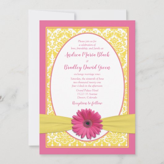 Pink Yellow Gerbera Daisy Wedding Invitation Kaart (Voorkant)