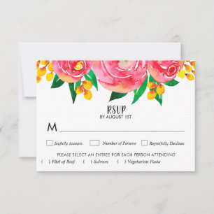 Pink Yellow Waterverf Floral Wedding RSVP Kaarten Kaartje