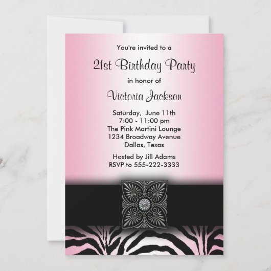 Pink Zebra 21e anniversaire Invitations (Dos)