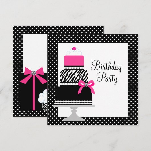 Pink Zebra Cake Cupcake Invitations de fête d'anni (Devant / Derrière)
