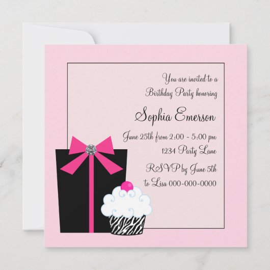 Pink Zebra Cake Cupcake Invitations de fête d'anni (Dos)