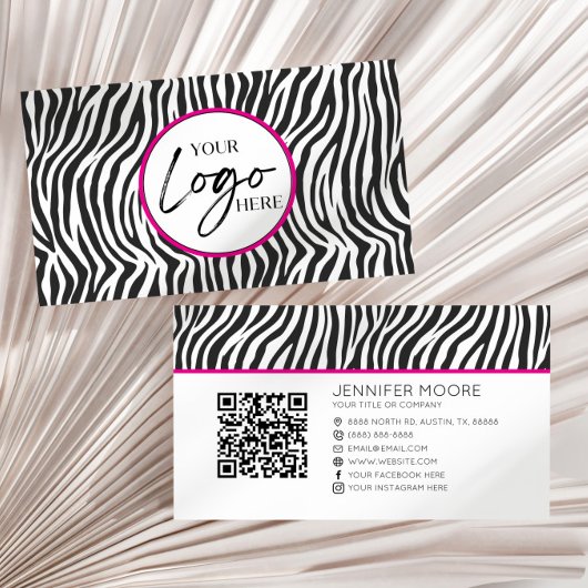 Pink Zebra Print Custom Company Logo QR Code Visitekaartje