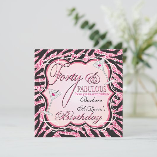 Pink Zebra Sequin 40e anniversaire Invitations de  (Debout devant)
