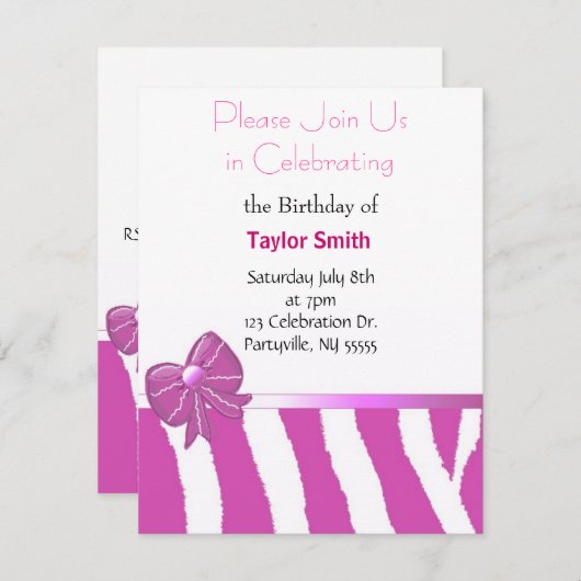 Pink Zebra Sripes Invitation Anniversaire (Devant / Derrière)